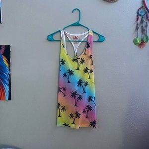 Rainbow palm tree tank top with twisted back detail